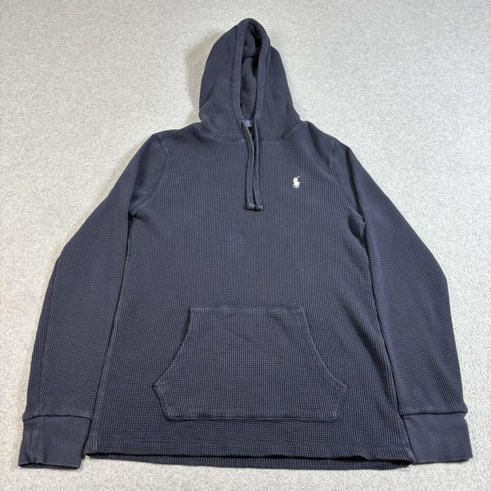 Polo Ralph Lauren Hoodie Men Medium Blue Waffle Knit Pullover Heritage Academia